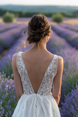 Back view of bride in white wedding dress walking on lavender field