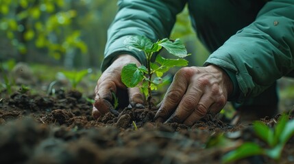 A close-up of hands planting a young tree in soil. Sony camera, Sony lens 85 mm f1.2