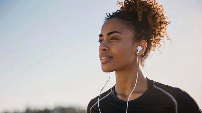 A focused female runner with earbuds, exercising outdoors with a clear sky and copy space background for customizable text or graphics 