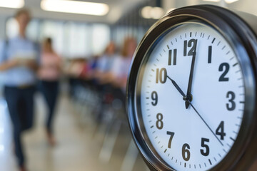 A close-up of a wall clock in a busy hallway with blurred students in the background, depicting time management and school environment.