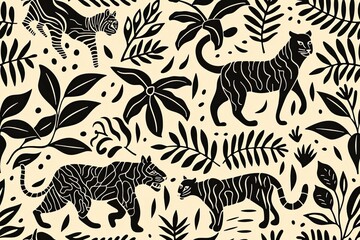 Obraz premium Block Print Woodblock Design vector, pattern, design, seamless, vintage, illustration, art, decoration