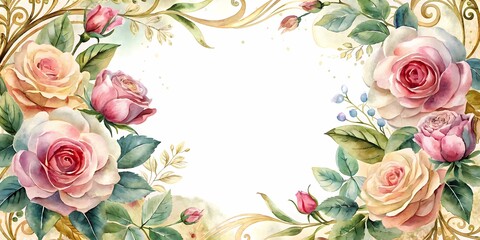 Elegant Floral Border Frame with Watercolor Roses - Perfect for Custom Text or Invitations