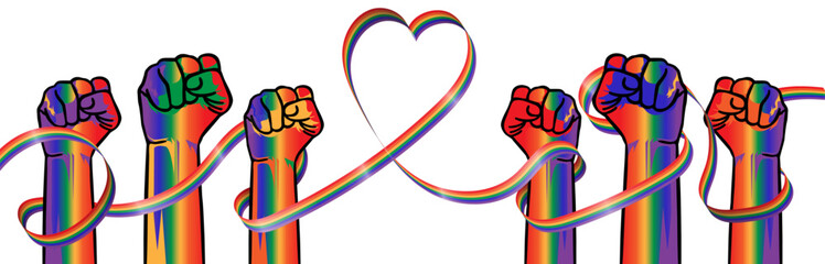 hands with pride multicolor with rainbow color ribbon with heart shape line in transparent background