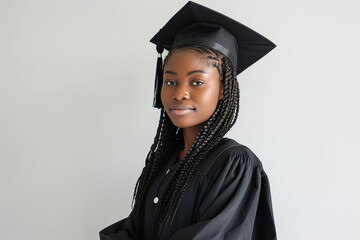 Happy african american female graduate student in graduation gown and cap on grey background