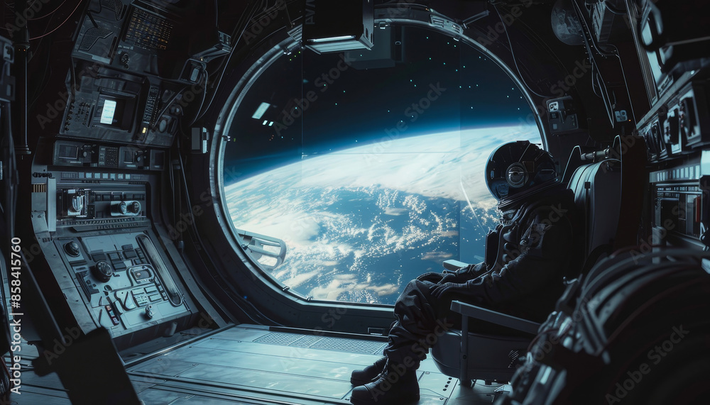 Poster a man is sitting in a space shuttle looking out the window at the stars by ai generated image