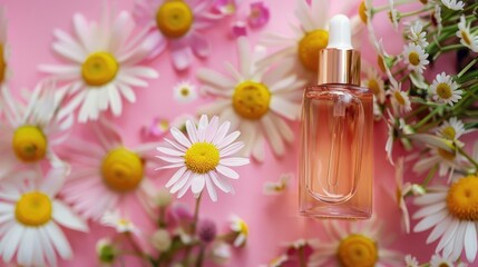 Natural herbal cosmetics with chamomile in glass bottle with flowers pink background Top view
