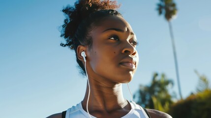 A focused female runner with earbuds, exercising outdoors with a clear sky and copy space background for customizable text or graphics 