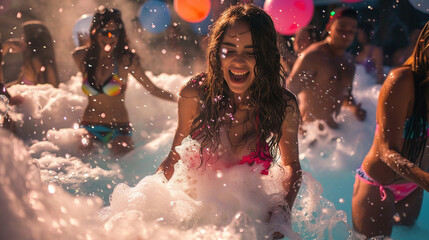 Young people in foam. A foam party. A group of young girls and boys having fun and dancing at a foam party