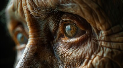 A macro shot of aging skin under natural light, capturing the intricate details of wrinkles, fine lines, and age spots.