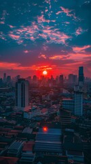 Fototapeta premium Golden Hour in Bangkok: Solar Panels Harnessing Sunset's Glow on Urban Rooftops