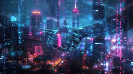 Fototapeta premium A futuristic scene with a hologram handshake and a cityscape background, offering plenty of space for advertising messages or copy , 