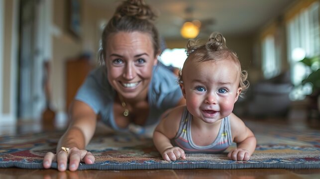 Smiling mother and baby enjoying tummy time on a colorful rug in a cozy living room with natural light.