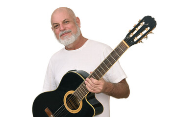 portrait adult man with white beard and bald head happy expression  model man playing guitar stripped