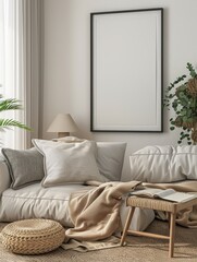 Fototapeta premium Minimalist Scandinavian Living Room with Frame Mockup on White Wall