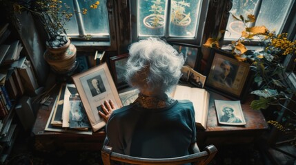 Peaceful elderly people surrounded by mementos and photos from the past