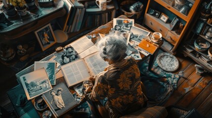 Peaceful elderly people surrounded by mementos and photos from the past