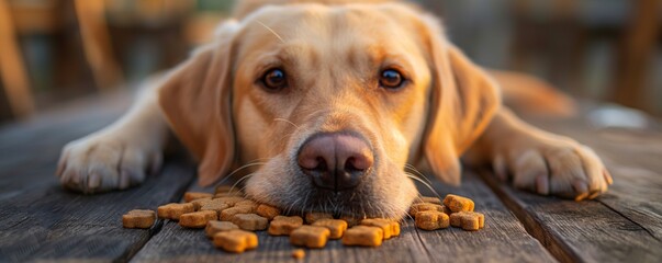 Dog's paws framing a blurred central area on a warm wooden surface, illustrating themes of absence or waiting