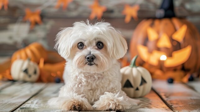 Surprised maltese dog on Halloween background
