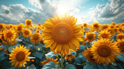 Obraz premium Golden Sunflowers in a Field under a Cloudy Sky