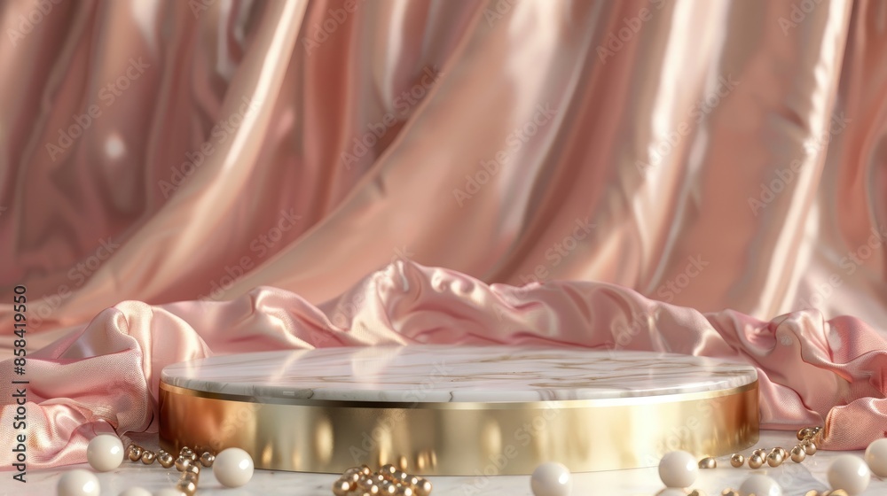 Canvas Prints Marble podium with gold accents on pink silk fabric and pearls for cosmetic display