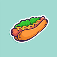 Fast food color doodle sticker. Hotdog with mustard in retro comics style. Vector hand drawn illustration of hot dog isolated on white. Sausage in bun.