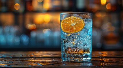 Sparkling Drink with Orange Slice in a Glass on a Bar Counter