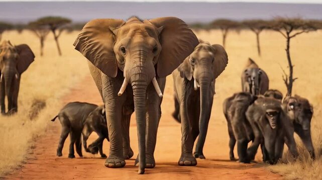 an elephant to the playful antics of a group of monkeys