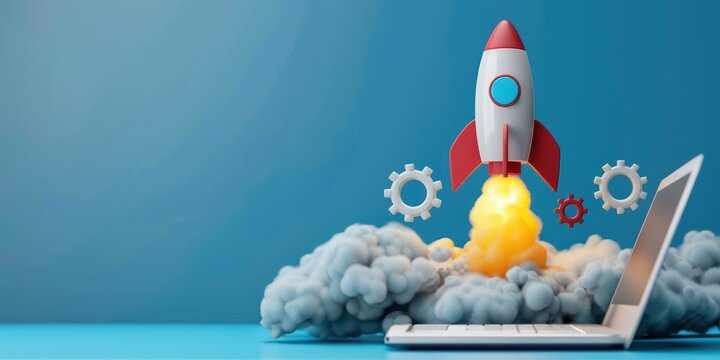 Rocket launching from a laptop, symbolizing startup growth and technology innovation against a blue background.