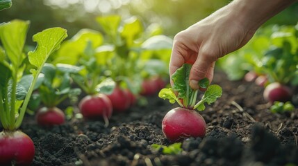 Hand Picking Fresh Red Radishes from the Garden