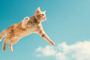 An orange cat gracefully pounces in mid-air against a clear blue sky, embodying agility and freedom with youthful exuberance.
