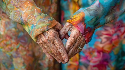 A touching photo of an older LGBTQ couple holding hands and smiling. Showing lasting love