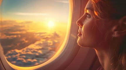 A woman gazes out of an airplane window at a beautiful sunset, contemplating the journey and embracing the captivating view.