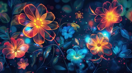 Glowing neon floral design with vivid colors