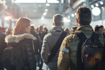 Fototapeta premium A bustling indoor scene with people in winter coats and backpacks, capturing the dynamic atmosphere of a crowded place filled with movement.