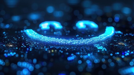 Fototapeta premium Digital smiley face composed of blue pixels and dots, symbolizing technology and digital art in a futuristic setting.
