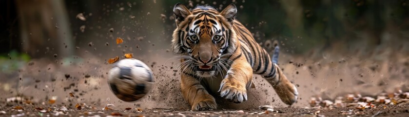 Energetic tiger cub pouncing on a soccer ball, capturing the essence of playfulness and wildlife vigor in a swift motion.