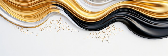Obraz premium Elegant Golden and Black Smooth Wave Abstract Background with Gold Particles, copy space
