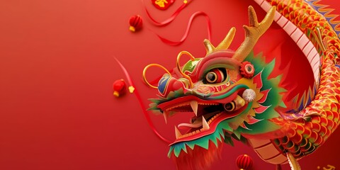 A decorated dragon with vibrant colors and intricate detailing positioned against a red background with flowing ribbons captures the essence of festive celebration and tradition.