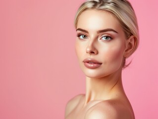 Naklejka premium young woman with natural makeup, perfectly voluminous hair, facing the camera directly in a front view, in an upper body portrait, chest skin visible. 