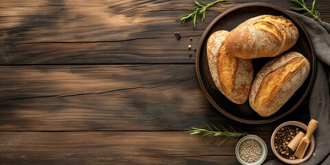 A plate of assorted artisan breads featuring crispy crusts, placed on a wooden surface, accompanied by fresh herbs and a selection of spices, creating a rustic atmosphere.