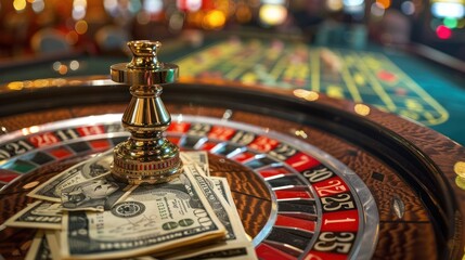 Naklejka premium Casino employee holding dollars, banknotes, revenue, casino, roulette, table, win, gambling game