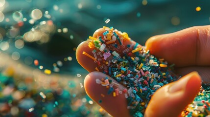 Close up of microplastics on human fingers showing plastic pollution and nanoplastics with a focus on unrecyclable micro plastic particles and space for text