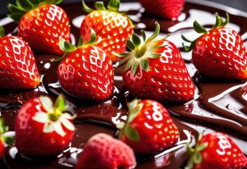 slowly melting chocolate dripping over luscious strawberry creating tempting dessert treat, sweet, delicious, red, ripe, fresh, juicy, confectionery