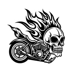 A black and white drawing of a skull on a motorcycle