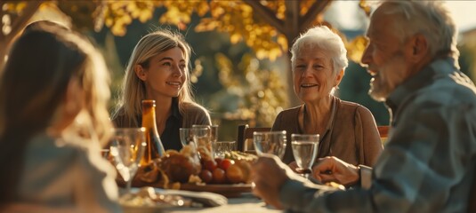 An outdoor family gathering, with multiple generations around a dinner table, sharing laughter and food, embodying unity, togetherness, and the joy of shared moments.