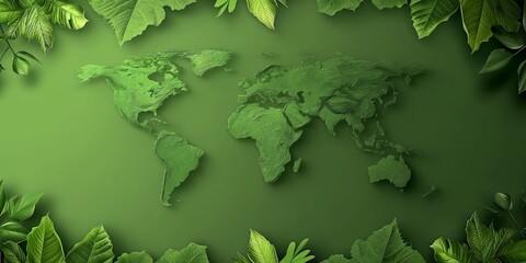 A detailed depiction of a green world map intricately designed with green leaves bordering it, symbolizing global environmental consciousness and sustainability.