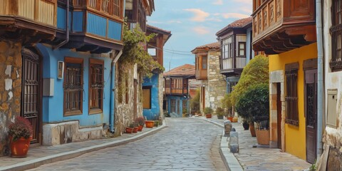 Fototapeta premium A charming street scene showcasing narrow cobblestone streets lined with colorful historic houses, creating a nostalgic and picturesque ambiance in this quaint village.