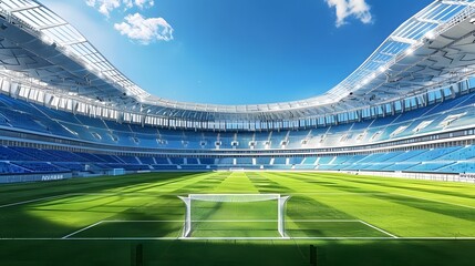 A soccer field with a bright green grass. Football stadium arena for professional match with spotlight