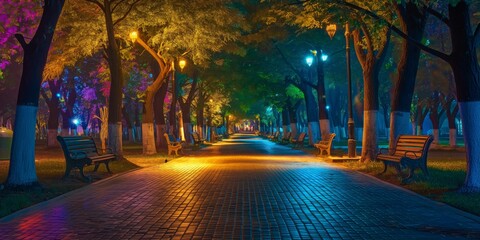 An empty park avenue at night is brightly lit with trees wrapped in colorful lights, providing a dramatic and serene atmosphere with wooden benches lining the path.