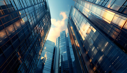 Fototapeta premium Looking up at skyscapers from the street